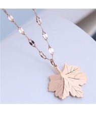 Korean Fashion Maple Leaf Pendant Women Stainless Steel Necklace - Rose Gold