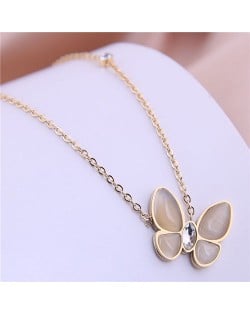 Rhinestone Embellished Sweet Butterfly Pendant Women Stainless Steel Necklace - Golden