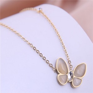 Rhinestone Embellished Sweet Butterfly Pendant Women Stainless Steel Necklace - Golden