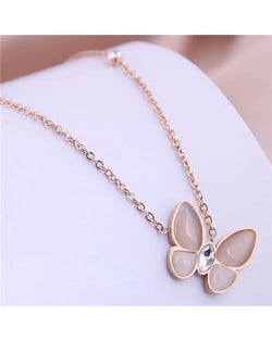 Rhinestone Embellished Sweet Butterfly Pendant Women Stainless Steel Necklace - Rose Gold