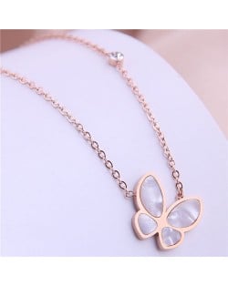 Resin Gem Inlaid Korean Fashion Butterfly Pendant Women Stainless Steel Necklace - Rose Gold