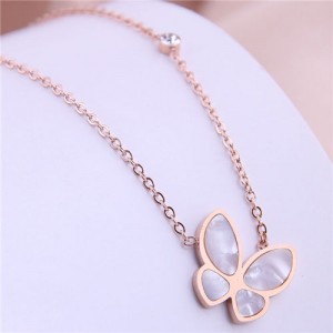 Resin Gem Inlaid Korean Fashion Butterfly Pendant Women Stainless Steel Necklace - Rose Gold