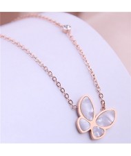 Resin Gem Inlaid Korean Fashion Butterfly Pendant Women Stainless Steel Necklace - Rose Gold