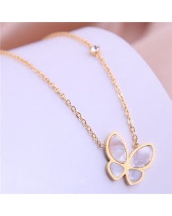 Resin Gem Inlaid Korean Fashion Butterfly Pendant Women Stainless Steel Necklace - Golden
