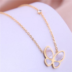 Resin Gem Inlaid Korean Fashion Butterfly Pendant Women Stainless Steel Necklace - Golden