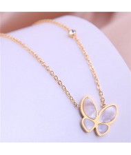 Resin Gem Inlaid Korean Fashion Butterfly Pendant Women Stainless Steel Necklace - Golden