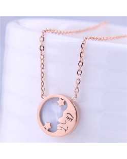 Stars and Moon Round Pendant High Fashion Women Stainless Steel Necklace - Rose Gold