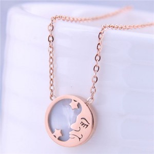 Stars and Moon Round Pendant High Fashion Women Stainless Steel Necklace - Rose Gold