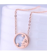 Stars and Moon Round Pendant High Fashion Women Stainless Steel Necklace - Rose Gold