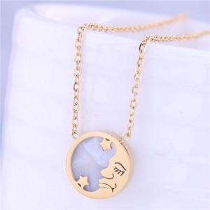 Stars and Moon Round Pendant High Fashion Women Stainless Steel Necklace - Golden