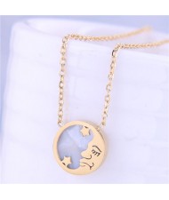 Stars and Moon Round Pendant High Fashion Women Stainless Steel Necklace - Golden