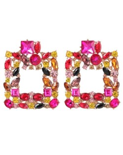 Rhinestone Glistening Square Design High Fashion Women Stud Earrings - Rose