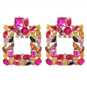 Rhinestone Glistening Square Design High Fashion Women Stud Earrings - Rose