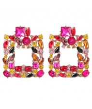 Rhinestone Glistening Square Design High Fashion Women Stud Earrings - Rose