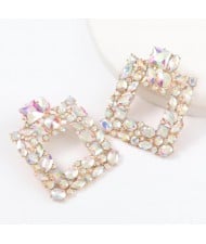 Rhinestone Glistening Square Design High Fashion Women Stud Earrings - Luminous White