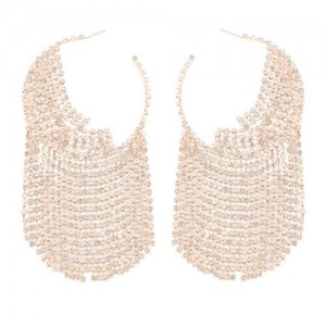 Shining Rhinestone Tassel Hoop High Fashion Internet Celebrity Style Women Costume Earrings - Golden