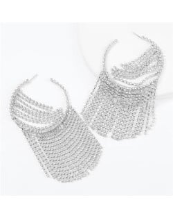 Shining Rhinestone Tassel Hoop High Fashion Internet Celebrity Style Women Costume Earrings - Silver