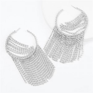 Shining Rhinestone Tassel Hoop High Fashion Internet Celebrity Style Women Costume Earrings - Silver