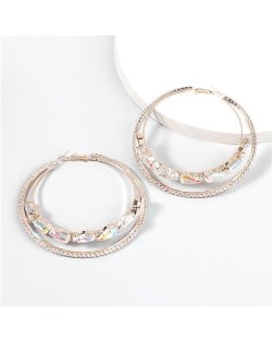 Dual Hoops Rhinestone Super Shining High Fashion Women Costume Earrings - Golden