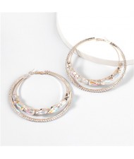 Dual Hoops Rhinestone Super Shining High Fashion Women Costume Earrings - Golden