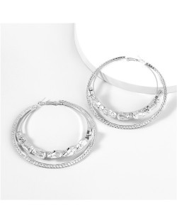 Dual Hoops Rhinestone Super Shining High Fashion Women Costume Earrings - Silver