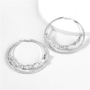 Dual Hoops Rhinestone Super Shining High Fashion Women Costume Earrings - Silver