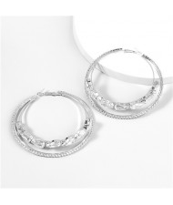 Dual Hoops Rhinestone Super Shining High Fashion Women Costume Earrings - Silver