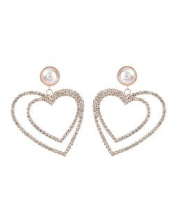 Pearl Inlaid Dual Hearts Shining Fashion Bold Design Women Costume Earrings - Golden