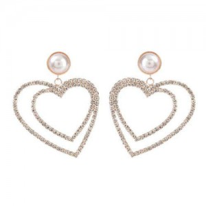 Pearl Inlaid Dual Hearts Shining Fashion Bold Design Women Costume Earrings - Golden