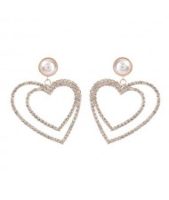 Pearl Inlaid Dual Hearts Shining Fashion Bold Design Women Costume Earrings - Golden