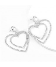 Pearl Inlaid Dual Hearts Shining Fashion Bold Design Women Costume Earrings - Silver