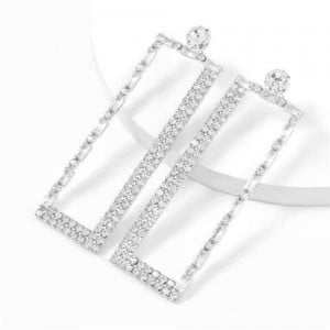 Super Shining Rectangular Design Dangling Fashion Women Statement Earrings - Silver