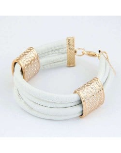 Golden Alloy Decoration Embellished Four Layers Leather Texture Women Fashion Bracelet - White