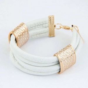 Golden Alloy Decoration Embellished Four Layers Leather Texture Women Fashion Bracelet - White