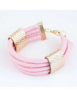 Golden Alloy Decoration Embellished Four Layers Leather Texture Women Fashion Bracelet - Pink