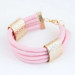 Golden Alloy Decoration Embellished Four Layers Leather Texture Women Fashion Bracelet - Pink