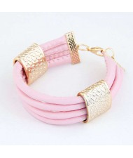 Golden Alloy Decoration Embellished Four Layers Leather Texture Women Fashion Bracelet - Pink