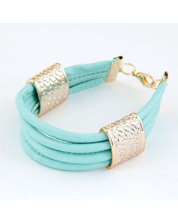 Golden Alloy Decoration Embellished Four Layers Leather Texture Women Fashion Bracelet - Teal