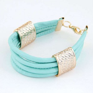 Golden Alloy Decoration Embellished Four Layers Leather Texture Women Fashion Bracelet - Teal