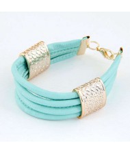 Golden Alloy Decoration Embellished Four Layers Leather Texture Women Fashion Bracelet - Teal