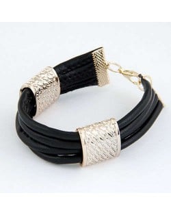 Golden Alloy Decoration Embellished Four Layers Leather Texture Women Fashion Bracelet - Black