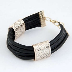 Golden Alloy Decoration Embellished Four Layers Leather Texture Women Fashion Bracelet - Black