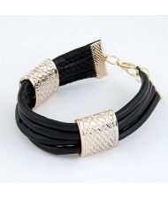 Golden Alloy Decoration Embellished Four Layers Leather Texture Women Fashion Bracelet - Black
