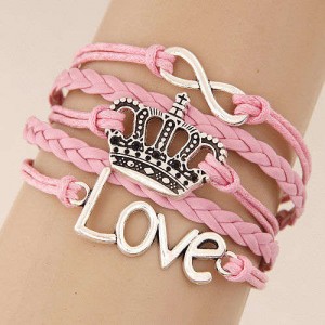 Love Alphabets and Vintage Crown Pendants Multi-layer Weaving Rope Women Fashion Bracelet