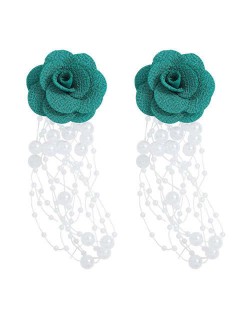 Cloth Flower Pearl Tassel Bohemian Fashion Graceful Women Costume Earrings - Green