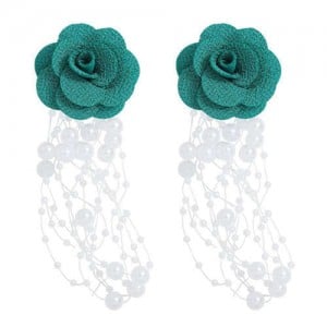 Cloth Flower Pearl Tassel Bohemian Fashion Graceful Women Costume Earrings - Green