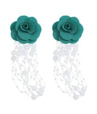 Cloth Flower Pearl Tassel Bohemian Fashion Graceful Women Costume Earrings - Green