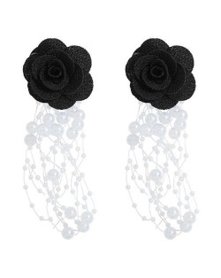 Cloth Flower Pearl Tassel Bohemian Fashion Graceful Women Costume Earrings - Black