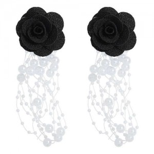 Cloth Flower Pearl Tassel Bohemian Fashion Graceful Women Costume Earrings - Black