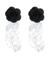 Cloth Flower Pearl Tassel Bohemian Fashion Graceful Women Costume Earrings - Black